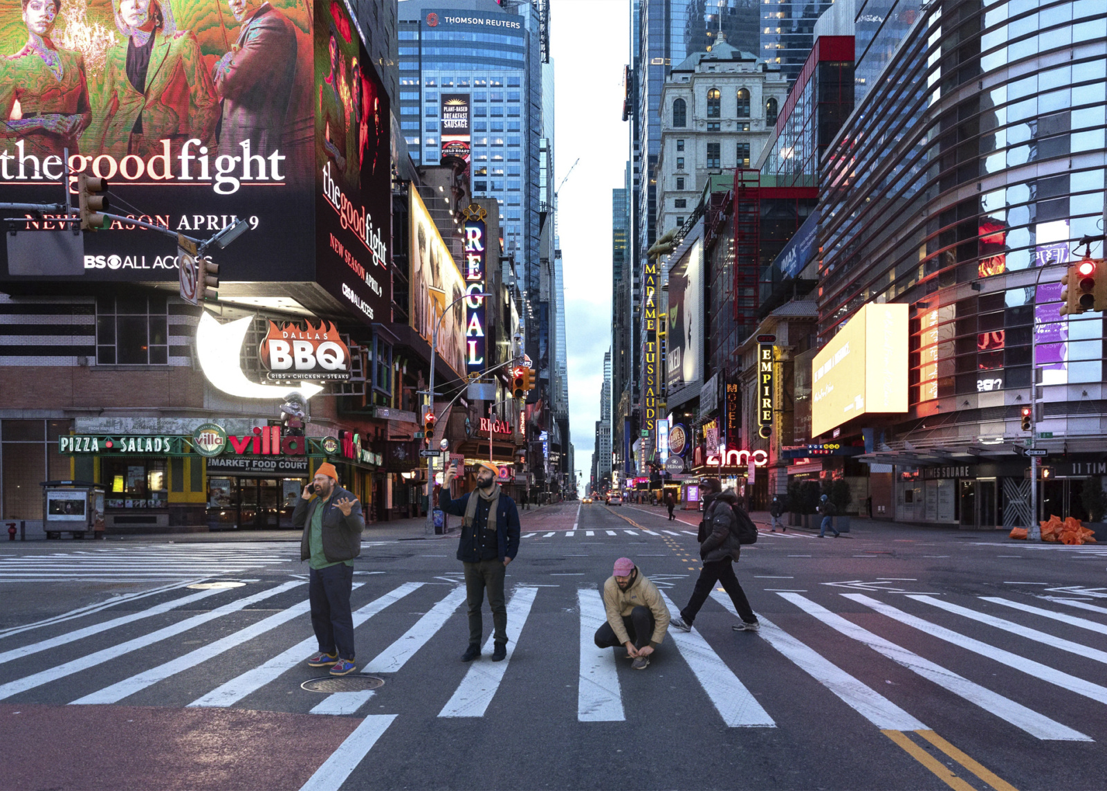 Ryan Waller, Gary Fogelson, and Phil Lubliner in Times Square, the crossroads of the world, 2021.